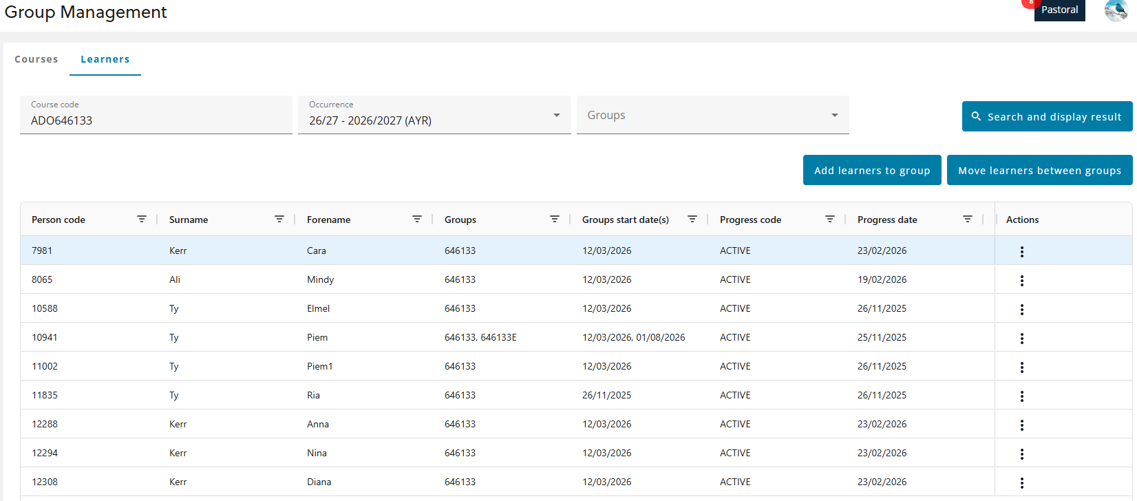 Learners tab in group management